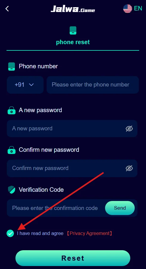 Read and agree to the terms and conditions to reset
